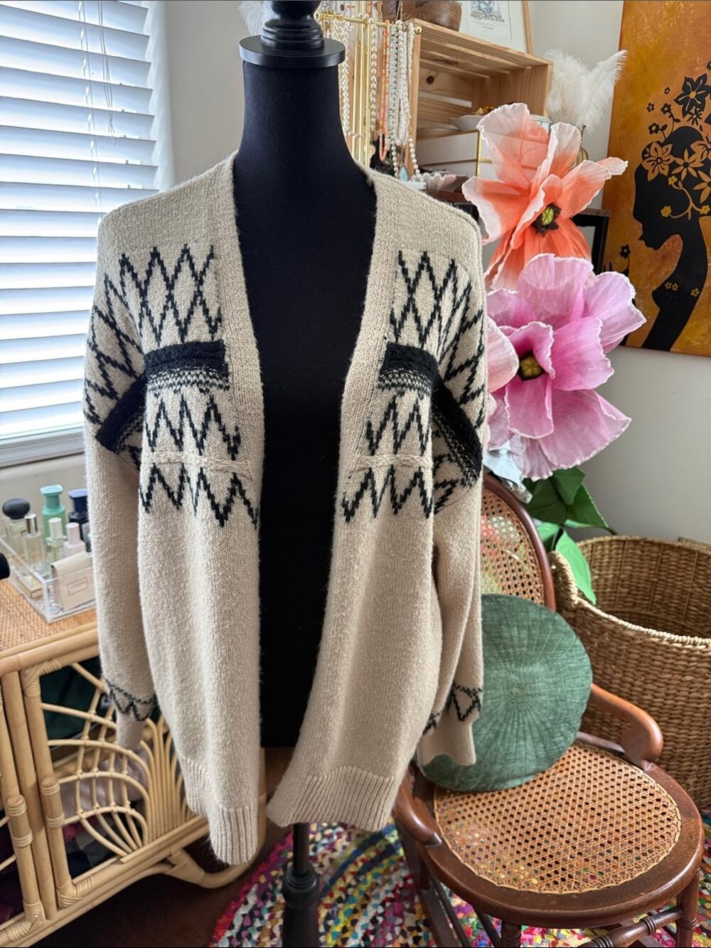 Lane Bryant Tan & Black Fair Isle Open Front Lantern Sleeve Cardigan Sweater